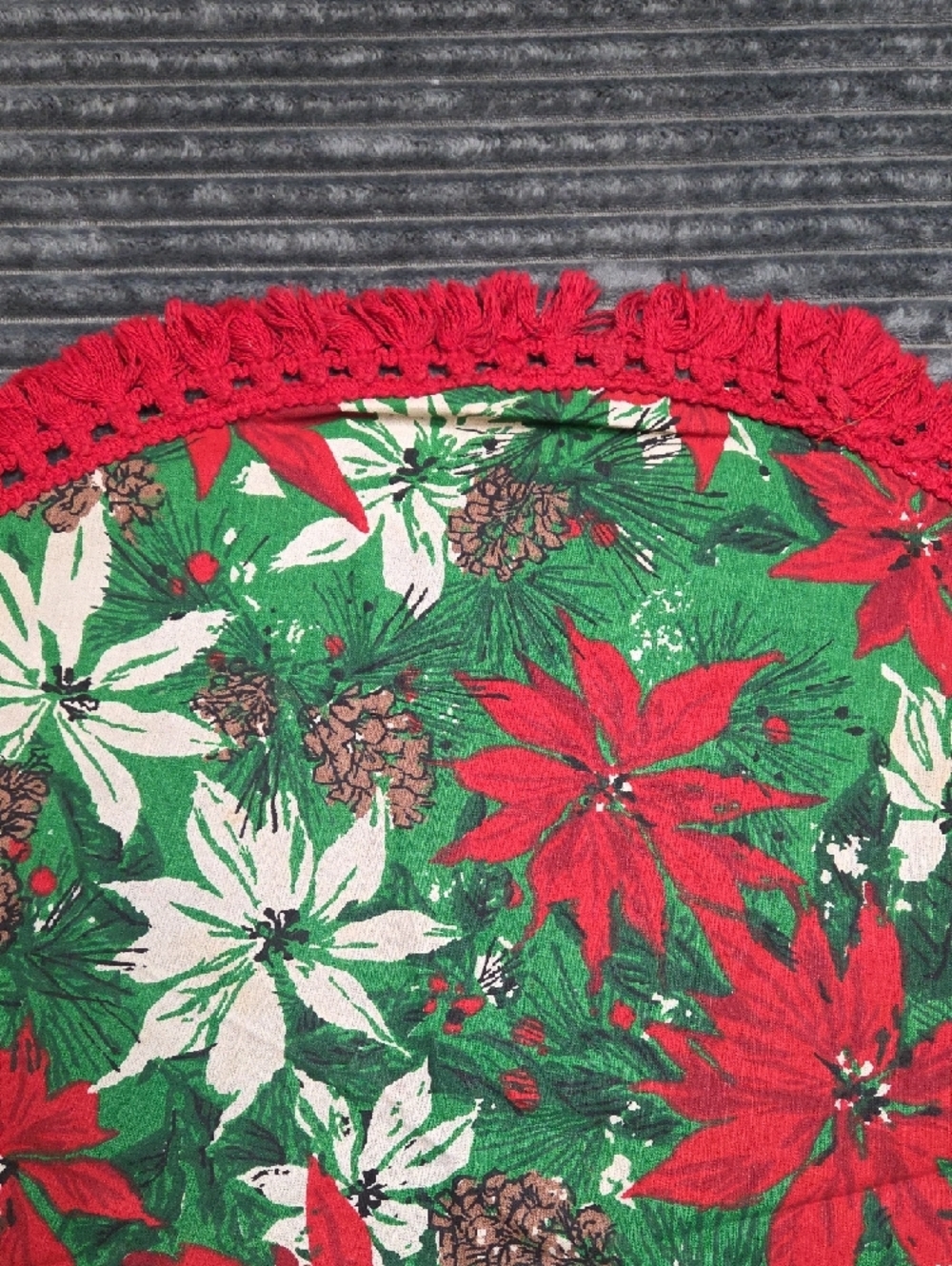 Festive Poinsettia Round Holiday Table Topper - Red & Green - Picture 3 of 7